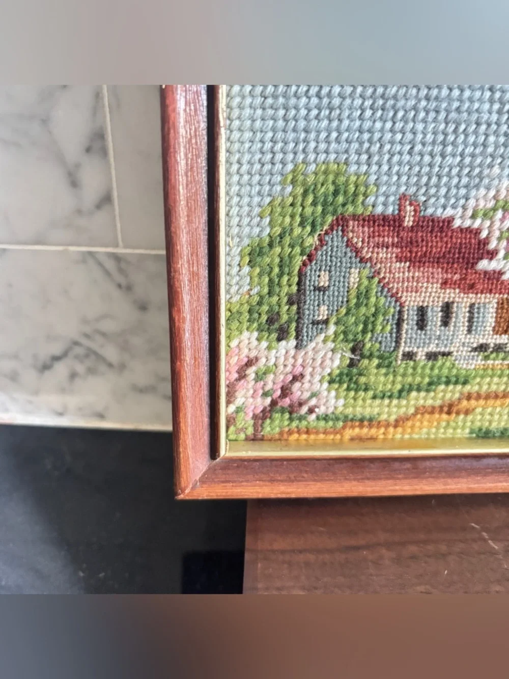 Vintage Pair of Small Framed Needlepoint Art of Spring and Winter Landscapes - Picture 6 of 10